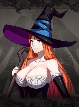 1girl bare_shoulders breasts cleavage collarbone detached_sleeves dragon&#039;s_crown hat large_breasts long_hair looking_at_viewer orange_eyes orange_hair solo sorceress_(dragon&#039;s_crown) staff vanillaware witch_hat