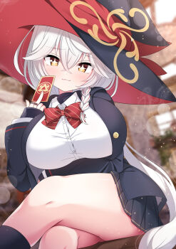 +_+ 1girl :3 black_hat black_jacket black_skirt black_socks blue_archive blurry blurry_background bow braid breasts brown_eyes card closed_mouth crossed_legs depth_of_field diagonal-striped_bow eri_(blue_archive) feet_out_of_frame grey_hair hair_between_eyes halo hand_up hat highres holding holding_card jacket large_breasts long_hair long_sleeves looking_at_viewer multicolored_hair open_clothes open_jacket pleated_skirt red_bow red_hair sitting skirt sleeves_past_wrists socks solo streaked_hair striped_bow very_long_hair witch_hat yomogi_(becr)
