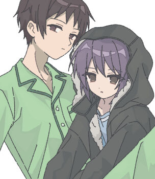 Rule 34 | 1boy, 1girl, brown eyes, brown hair, closed mouth, coat, commentary request, fur-trimmed coat, fur trim, green coat, green pajamas, hood, hood up, kyon, looking at viewer, nagato yuki, nanonome, pajamas, purple hair, short hair, simple background, suzumiya haruhi no shoushitsu, suzumiya haruhi no yuuutsu, white background