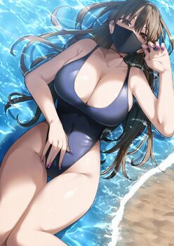 1girl bare_arms bare_shoulders black_hair blue_one-piece_swimsuit blush breasts brown_eyes cleavage covered_mouth covered_navel ear_piercing highleg highleg_one-piece_swimsuit highres konata_(kankin_jk) large_breasts looking_at_viewer mask mishiranu_joshikousei_ni_kankin_sareta_mangaka_no_hanashi mouth_mask nail_polish one-piece_swimsuit partially_submerged piercing pink_nails ryouma_(galley) solo swimsuit thigh_gap thighs water