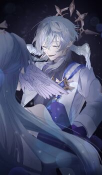 1boy 1girl absurdres badge bare_shoulders blue_hair closed_eyes commentary_request detached_sleeves earrings feathered_wings from_behind halo halo_behind_head head_wings highres honkai:_star_rail honkai_(series) jacket jewelry light_smile long_hair medium_hair robin_(honkai:_star_rail) s_nuly sunday_(honkai:_star_rail) sunday_(sacerdos'_relived_ordeal)_(honkai:_star_rail) very_long_hair wings