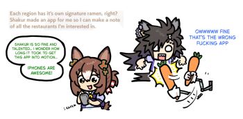 2girls ^^^ air_shakur_(umamusume) animal_ear_piercing animal_ears asymmetrical_bangs back_bow barbell_piercing black_hair blue_bow blue_bowtie blue_shirt bow bowtie brooch brown_hair carrot cellphone chain chibi clover_hair_ornament cropped_legs downturned_eyes ear_piercing english_text face_piercing fine_motion_(umamusume) forehead_piercing green_eyes hair_between_eyes hair_ornament happy highres holding holding_phone horse_ears horse_girl horse_tail horseshoe_ornament industrial_piercing jewelry long_hair looking_at_object messy_hair motion_lines multicolored_hair multiple_girls o_o open_mouth phone piercing pikminpreggedup puffy_short_sleeves puffy_sleeves school_uniform screenshot_inset sharp_teeth shirt short_sleeves simple_background skirt smartphone smile speech_bubble streaked_hair summer_uniform tail tail_raised teeth tracen_school_uniform two-tone_shirt umamusume upper_teeth_only very_long_hair white_background white_shirt white_skirt