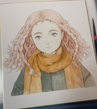 Rule 34 | 1girl, blue eyes, braid, brown hair, coat, highres, hotateyuki, light smile, looking at viewer, medium hair, original, parted lips, photo (medium), scarf, shikishi, solo, traditional media, twin braids, upper body, wavy hair