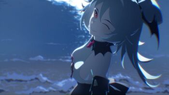Rule 34 | 1girl, beach, black skirt, breasts, commentary, detached sleeves, general geega, grey hair, head wings, heterochromia, high-waist skirt, kuroi enpitsu, large breasts, long hair, looking at viewer, necktie, night, one eye closed, pointy ears, ponytail, red eyes, red necktie, shirt, sideboob, skirt, smile, untranslatable commentary, virtual youtuber, vshojo, water, white shirt, wings