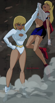 2girls blonde_hair blood boots bra cape closed_eyes clothes_lift crop_top dc_animated_universe dc_comics glee-chan highres justice_league_unlimited kara_danvers leotard multiple_girls non-web_source red_boots red_cape shirt_lift supergirl torn_clothes underwear white_bra white_leotard