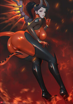 1girl ass black_bodysuit black_hair bodysuit demon_girl demon_horns demon_tail demon_wings devil_mercy embers high_heels highres horns impossible_bodysuit impossible_clothes latex latex_bodysuit leaning_forward mechanical_horns mechanical_wings mercy_(overwatch) multicolored_bodysuit official_alternate_costume overwatch pink_eyes ponytail red_bodysuit sade_abyss shiny_clothes signature skin_tight solo standing tail two-tone_bodysuit wings