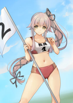 1girl absurdres blue_sky breasts brown_eyes buruma character_name cloud feet_out_of_frame flag gluteal_fold grey_ribbon hair_ribbon headband highres kantai_collection long_hair medium_breasts midriff open_mouth pink_hair pole ponytail red_buruma ribbon round_teeth sky smile solo sports_bikini sports_bra teeth two-tone_sports_bra upper_teeth_only v white_headband yashin_(yasinz) yura_(kancolle)