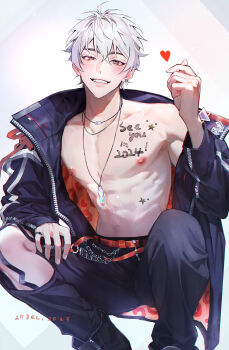 1boy abs antenna_hair bare_pectorals belt black_boots black_jacket black_pants blush body_writing boots brown_eyes brown_hair bush chain collarbone crystal_necklace dated ear_piercing earrings eiden_(galactic_mist)_(nu_carnival) eiden_(nu_carnival) finger_heart grey_hair grin hair_between_eyes hand_on_own_knee hand_up heart highres jacket jewelry long_sleeves looking_at_viewer male_focus multicolored_hair navel necklace nipples nu_carnival official_alternate_costume official_alternate_hair_color open_clothes open_jacket orange_eyes owner_bird pants pectorals pendant piercing red_belt ring shoes short_hair single_earring smile solo squatting tattoo teeth torn_clothes torn_pants two-sided_fabric two-sided_jacket two-tone_hair virtual_youtuber white_background zipper zipper_pull_tab