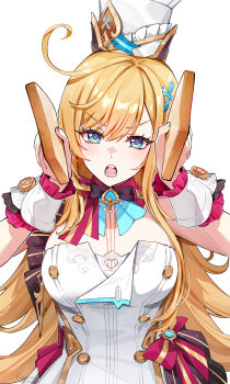 1girl absurdres apron bare_shoulders blonde_hair blush bread bread_slice breasts chef_hat cowlick escoffier_(genshin_impact) food fork_hair_ornament foxyreine genshin_impact hat highres idiot_sandwich_(meme) large_breasts long_hair looking_at_viewer meme open_mouth solo white_apron white_hat wrist_cuffs