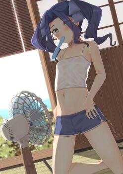 1girl bare_shoulders blue_eyes blue_hair blue_ribbon blue_shorts blush breasts camisole contemporary crop_top day electric_fan female_focus food food_in_mouth gradient_eyes hair_ribbon highres kneeling loli long_hair looking_at_viewer melty_q_melromarc midriff mouth_hold multicolored_eyes navel nekokyun open_mouth pink_eyes popsicle ribbon short_shorts shorts sliding_doors small_breasts smile solo summer sweat tank_top tatami tate_no_yuusha_no_nariagari twintails twitter_username wet wet_clothes white_camisole wooden_floor