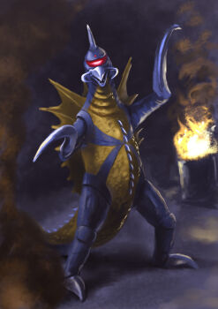 Rule 34 | alien, beak, buzzsaw (tool), cyborg, destruction, fire, gem on head, giant, giant monster, gigan, glowing, glowing eyes, godzilla (series), godzilla vs. gigan, hook hand, horns, kaiju, looking at viewer, mandibles, monster, night, no humans, nyoruniru, oil refinery, one-eyed, open mouth, pov, red eyes, sharp teeth, single horn, smoke, space monster, tail, teeth, toho, wings