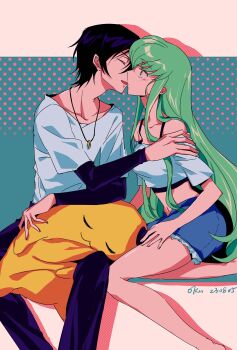 1boy 1girl absurdres black_hair black_pants blush c.c. cheese-kun closed_eyes code_geass crop_top green_hair hetero highres imminent_kiss jewelry lelouch_vi_britannia long_hair long_sleeves necklace okuseric pants shirt short_hair shorts simple_background sitting very_long_hair white_shirt yellow_eyes