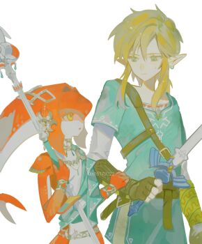 1boy 1girl a15179222 blonde_hair blue_eyes blue_tunic bracelet champion&#039;s_tunic_(zelda) choker closed_mouth colored_skin commentary cowboy_shot earrings fish_girl head_tail height_difference highres holding holding_polearm holding_sword holding_weapon jewelry link looking_at_another master_sword mipha monster_girl necklace nintendo pendant pointy_ears polearm red_skin short_hair short_hair_with_long_locks sidelocks silver_choker simple_background sword the_legend_of_zelda the_legend_of_zelda:_breath_of_the_wild tunic weapon white_background yellow_eyes zora