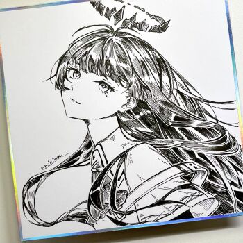 1girl arknights artist_name ascot collared_shirt commentary diamond-shaped_pupils diamond_(shape) english_commentary greyscale halo hatching_(texture) highres light_smile linear_hatching long_hair looking_at_viewer mole mole_under_eye monochrome parted_lips photo_(medium) portrait shikishi shirt signature solo symbol-shaped_pupils umi2wa virtuosa_(arknights)