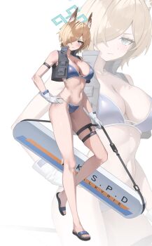 1girl absurdres alter_(kxk7357) alternate_costume animal_ear_fluff animal_ears armband armpits bag bare_hips bare_legs bikini black_armband black_jacket black_sandals blonde_hair blue_archive blue_bikini blue_eyes blue_halo blush breasts cleavage closed_mouth commentary_request cosplay curvy dog_ears dog_girl gloves groin hair_over_one_eye halo highres holding holding_bag jacket kanna_(blue_archive) large_breasts leg_up long_hair looking_at_viewer multicolored_bikini navel open_clothes sandals stomach string_bikini swimsuit thigh_strap thighs valkyrie_police_academy_student_(sg)_(blue_archive) valkyrie_police_academy_student_(sg)_(blue_archive)_(cosplay) white_bikini white_gloves zoom_layer