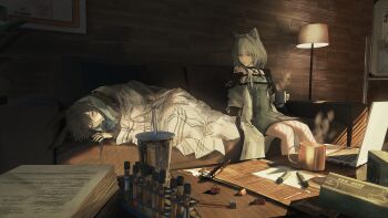 2girls absurdres amiya_(arknights) animal_ears arknights ascot black_collar black_jacket blue_ascot breasts brown_hair coat collar computer cup dress drinking_straw green_dress green_eyes green_hair highres indoors jacket jewelry kal'tsit_(arknights) lamp laptop long_hair looking_at_another medium_hair mug multiple_girls multiple_rings nueegochi off-shoulder_dress off_shoulder open_clothes open_coat paper_stack picture_frame plant potted_plant rabbit_ears rabbit_girl ring sleeping small_breasts steam test_tube under_covers white_coat whiteboard