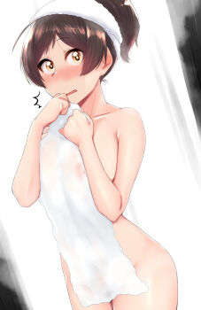 1girl blush brown_hair collarbone commentary_request covered_erect_nipples covering_privates cowboy_shot embarrassed hair_bun holding holding_towel idolmaster idolmaster_million_live! indoors kitazawa_shiho kurozako looking_at_viewer nude nude_cover single_hair_bun solo standing towel yellow_eyes