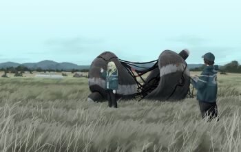 2girls aqua_hat aqua_jacket baseball_cap black_hair black_pants blonde_hair cable clipboard grass hashtag-only_commentary hat highres holding holding_clipboard hood hooded_jacket jacket landscape long_hair mountainous_horizon multiple_girls original outdoors pants rural scenery science_fiction short_hair sky wide_shot yoshiryuu
