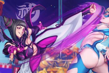 2girls ass ass_cutout battle black_hair blue_bodysuit bodysuit breasts clothing_cutout commentary domino_mask english_commentary eye_mask fingerless_gloves gloves grin hair_horns han_juri high_kick kicking kofjp large_breasts leggings mask medium_breasts multiple_girls panties_over_leggings pants pink_leggings rainbow_mika red_eyes second-party_source smile stirrup_legwear stomach_cutout street_fighter street_fighter_v toeless_legwear toned toned_female white_pants wrestling_outfit