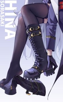 1girl black_boots black_gloves black_thighhighs blue_archive boots character_name chinese_commentary commentary_request demon_wings gloves highres hina_(blue_archive) leg_focus long_hair long_sleeves low_wings lower_body painterliuhao single_unworn_boot solo thighhighs white_hair wings