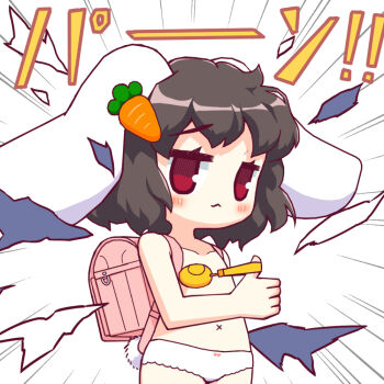 1girl :&lt; alternate_costume animal_ears backpack bag bebeneko black_hair blush brown_hair carrot_hair_ornament closed_mouth commentary_request crime_prevention_buzzer crime_prevention_buzzer_threat exploding_clothes floppy_ears food-themed_hair_ornament hair_ornament inaba_tewi loli looking_at_viewer panties pink_bag rabbit_ears rabbit_girl rabbit_tail randoseru red_eyes self-destruct_button shoes short_hair smile solo standing tail topless_female touhou underwear white_background white_panties x_navel