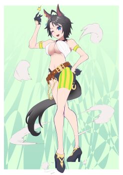 1girl ;d absurdres adapted_costume ahoge animal_ears arm_strap arm_up armpits bandeau bare_shoulders belt black_hair black_shoes blue_eyes breasts brown_belt chia_ikaruga cleavage commentary_request ear_ornament ear_piercing fuji_kiseki_(shooting_star_revue)_(umamusume) fuji_kiseki_(umamusume) full_body gloves hair_between_eyes hand_on_own_hip high_heels highres horse_ears horse_girl horse_tail large_breasts looking_at_viewer multicolored_hair navel one_eye_closed open_mouth piercing shoes short_hair sidelocks smile snapping_fingers solo standing stomach swept_bangs tail teeth umamusume upper_teeth_only white_bandeau white_hair