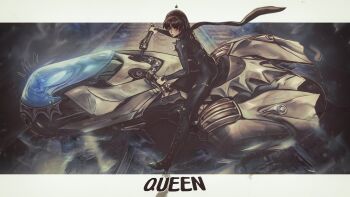 1girl black_scarf blue_bodysuit bodysuit braid brown_hair chapinor character_name closed_mouth crown_braid from_side full_body gloves highres joanna_(persona_5) looking_at_viewer motor_vehicle motorcycle niijima_makoto on_motorcycle persona persona_(summon) persona_5 queen_(persona_5) red_eyes scarf short_hair shoulder_spikes sitting solo spikes white_gloves