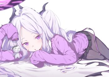 1girl absurdres ahoge black_halo black_skirt blue_archive blush commentary_request demon_girl demon_horns demon_wings doodle_sensei_(blue_archive) halo highres hina_(blue_archive) horns long_hair looking_at_viewer low_wings lying purple_eyes sensei_(blue_archive) simple_background skirt solo very_long_hair white_background white_hair wings youguo_naberu