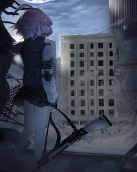 Rule 34 | 1girl, absurdres, ahoge, black skirt, blue archive, bulletproof vest, from behind, grey footwear, gun, haoma, highres, holding, holding gun, holding weapon, hoshino (blue archive), hoshino (second year) (blue archive), pink hair, ruins, shirt, shotgun, skirt, socks, weapon, white shirt, white socks