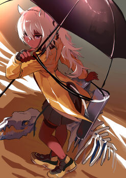 1girl absurdres animal_ears animal_skeleton arknights black_skirt camel_ears camel_girl camel_tail coat commentary dark-skinned_female dark_skin desert gloves hair_between_eyes highres holding holding_umbrella jacket jambaeng long_hair long_sleeves looking_at_viewer purple_eyes shoes skirt solo thigh_strap tuye_(arknights) umbrella white_hair yellow_coat yellow_jacket yellow_shoes