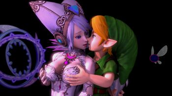1boy 1girl 3d ambrosine92 blonde_hair blue_eyes breasts hat hetero highres hyrule_warriors lana_(hyrule_warriors) light_purple_hair link nintendo purple_eyes shota tael the_legend_of_zelda the_legend_of_zelda:_majora's_mask upper_body young_link