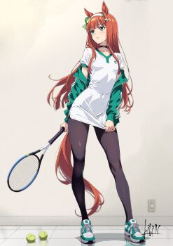 1girl animal_ears aqua_shoes black_choker black_pantyhose blue_eyes blush choker commentary dress green_jacket hairband highres holding holding_tennis_racket horse_ears horse_girl horse_tail jacket kibidango_14-gou long_hair looking_to_the_side orange_hair pantyhose parted_lips racket revision shoes short_dress short_sleeves silence_suzuka_(umamusume) sneakers solo symbol-only_commentary tail tennis_racket umamusume white_dress white_hairband