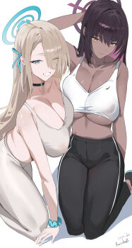 2girls absurdres arm_behind_back arm_behind_head arm_support arm_up artist_name asuna_(blue_archive) bare_shoulders black_choker black_hair black_pants black_shoes blonde_hair blue_archive blue_eyes blue_halo blue_ribbon blue_scrunchie breasts chinese_commentary choker cleavage closed_mouth collarbone colored_inner_hair commentary_request covered_groin crop_top eyes_visible_through_hair grey_pants grey_sports_bra hair_between_eyes hair_over_one_eye hair_ribbon halo high-waist_pants highres karin_(blue_archive) kneeling kuriball large_breasts long_hair multicolored_hair multiple_girls one_eye_closed pants parted_lips purple_hair purple_halo ribbon scrunchie shoes sidelocks simple_background smile sports_bra track_pants underboob very_long_hair white_background white_sports_bra yellow_eyes