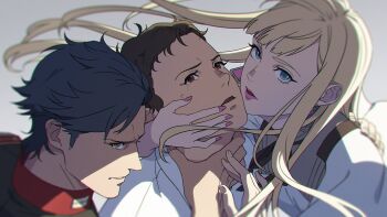 Rule 34 | 1girl, 2boys, arm around back, black ribbon, blonde hair, blue eyes, brown eyes, brown hair, commentary request, furrowed brow, gigi andalusia, grey background, grey hair, grey shirt, gundam, gundam hathaway's flash, hand on another's cheek, hand on another's face, hand on another's neck, hathaway noa, jacket, kenneth sleg, long hair, mishio, multiple boys, nail polish, neck ribbon, parted lips, pink lips, pink nails, ribbon, shirt, short hair, straight hair, upper body, white jacket, white shirt