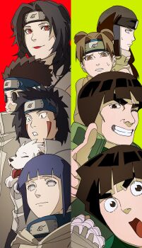 Rule 34 | 3girls, 5boys, absurdres, aburame shino, akamaru (naruto), bandaged hand, bandages, black hair, blue hair, bowl cut, brown eyes, brown hair, byakugan, coat, dog, double bun, facial mark, forehead protector, fur-trimmed hood, fur trim, green background, grey jacket, hair bun, highres, hood, hyuuga hinata, hyuuga neji, inuzuka kiba, jacket, konohagakure shinobi uniform, konohagakure symbol, long hair, marking on cheek, might guy, multiple boys, multiple girls, naruto (classic), naruto (series), ninja, open mouth, parted lips, pnpk 1013, red background, red eyes, rock lee, simple background, smile, snout, sunglasses, sweatdrop, tenten (naruto), thick eyebrows, thumbs up, tongue, tongue out, two-tone background, white dog, yuuhi kurenai