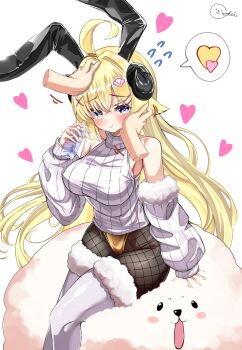 1girl 1other ahoge alternate_costume animal_ears blonde_hair breasts closed_mouth commentary_request fake_animal_ears fishnet_pantyhose fishnets fur-trimmed_thighhighs fur_trim hair_ornament hairpin headpat heart highres hololive horns inokeiwd large_breasts looking_at_viewer pantyhose purple_eyes rabbit_ears sheep_ears sheep_girl sheep_horns smile solo spoken_heart sweater thighhighs tsunomaki_watame turtleneck turtleneck_sweater virtual_youtuber white_sweater white_thighhighs x_hair_ornament