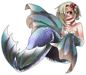 1girl absurdres arm_fins ayame_hashinimasen bags_under_eyes bikini black_background blonde_hair breasts commentary commission commissioner_upload ear_piercing earrings fins gradient_background grin hair_ornament hair_over_one_eye highres idolmaster idolmaster_cinderella_girls jewelry looking_at_viewer mermaid monster_girl monsterification open_mouth piercing red_background red_eyes shell shell_bikini shell_hair_ornament shirasaka_koume short_hair skeb_commission skull skull_hair_ornament sleeves_past_wrists small_breasts smile solo starfish_hair_ornament swimsuit teeth upper_teeth_only