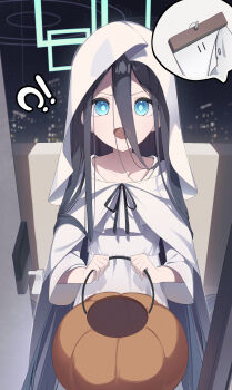 !? 1girl absurdres aqua_halo aris_(blue_archive) black_hair blue_archive blue_eyes bucket building city collarbone commentary_request door dress ghost_costume hair_between_eyes halloween halo highres holding holding_bucket long_hair long_sleeves looking_at_viewer n_sol night night_sky open_door open_mouth outdoors sky very_long_hair white_dress