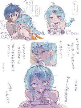 2girls ahoge bare_shoulders belle_(zenless_zone_zero) blue_eyes blue_hair blush braid braided_ponytail clenched_hands closed_eyes closed_mouth commentary_request crossed_bangs detached_sleeves finger_to_mouth flower_hairpin formal_clothes gloves green_eyes hair_between_eyes hair_ornament hairpin half-closed_eyes highres hug letter_hair_ornament long_hair looking_at_another mole mole_on_shoulder motion_lines multiple_girls multiple_views open_clothes see-through_dress_layer seed_(zenless_zone_zero) short_hair shushing siiaka023 simple_background suit sweatdrop translation_request upper_body v-shaped_eyebrows white_background white_gloves white_suit yuri zenless_zone_zero