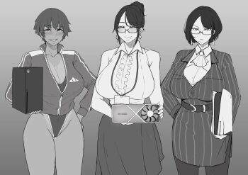 3girls absurdres ascot belt blouse blush breasts cleavage closed_mouth commentary competition_swimsuit dark-skinned_female dark_skin dress game_console grace_(puzenketsu) gradient_background graphics_card grey_background hair_bun hand_on_own_hip highleg highleg_one-piece_swimsuit highres holding huge_breasts jacket looking_at_viewer mature_female mole mole_on_breast mole_under_mouth multiple_boys multiple_girls namhorm_(puzenketsu) narrow_waist nvidia one-piece_swimsuit original pantyhose pencil_dress playstation_5 puzenketsu shirt short_hair single_hair_bun skirt smile spot_color swimsuit take_your_pick tan tanline tomboy track_jacket waan_(puzenketsu) xbox_series_x