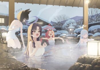 4girls animal_ear_fluff animal_ears armpits artist_request black_eyes black_hair blue_archive blue_halo breasts cat_ears cat_girl cat_tail cleavage closed_eyes closed_mouth forehead game_cg halo highres horns kikyou_(blue_archive) large_breasts long_hair multiple_girls multiple_tails nagusa_(blue_archive) naked_towel non-web_source official_art onsen open_mouth parted_bangs purple_eyes purple_hair purple_halo red_hair red_halo renge_(blue_archive) short_hair single_horn small_breasts snow tail towel two_tails white_hair white_halo yukari_(blue_archive)