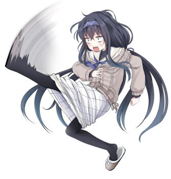 1girl bags_under_eyes black_hair black_pantyhose black_sweater blue_archive blue_eyes blue_hairband blue_neckerchief bookshelf brown_cardigan brown_slippers cardigan clenched_hand commentary_request crossed_bangs cup grey_halo hair_between_eyes hair_ribbon hairband halo high_kick highres inkwell jewelry jitome kicking kurona layered_sleeves long_hair long_sidelocks long_sleeves looking_ahead low_twintails messy_hair mug neckerchief necklace off_shoulder open_clothes open_mouth pantyhose ribbon school_uniform serafuku sidelocks sitting slippers smear_frame smile solo sweat sweater turtleneck turtleneck_sweater twintails ui_(blue_archive) v-shaped_eyebrows very_long_hair white_background white_serafuku wide-eyed