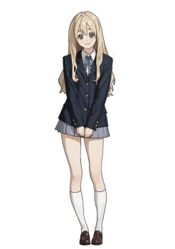 1girl blazer blonde_hair blue_eyes blue_jacket blue_ribbon commentary flat_chest full_body grey_skirt h4sh1rnoto hair_between_eyes highres jacket k-on! kneehighs kotobuki_tsumugi loafers long_hair looking_at_viewer miniskirt neck_ribbon pleated_skirt ribbon sakuragaoka_high_school_uniform school_uniform shoes skirt slim_legs smile socks standing thick_eyebrows white_background white_socks