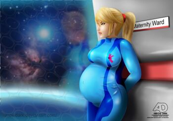 arrowdark blonde_hair blue_jumpsuit green_eyes hairband interior jumpsuit leaning_back looking_outside maternity_ward metroid mirror_image nintendo outer_space ponytail pregnant red_hairband reflection samus_aran science_fiction sky space spaceship star_(sky) starry_sky zero_suit