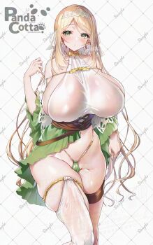 1girl artist_name bare_shoulders blonde_hair breasts earrings gigantic_breasts green_eyes highres jewelry long_hair looking_at_viewer original revealing_clothes sasakuma_kyouta solo very_long_hair watermark wide_sleeves