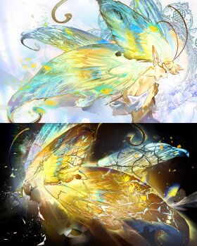 Rule 34 | 1girl, absurdres, antenna hair, bare shoulders, blonde hair, butterfly wings, colored skin, cookie run, cookie run: kingdom, highres, humanization, insect wings, layered clothes, leotard, long eyelashes, long hair, pcacao, pointy ears, sugarfly cookie, very long hair, wings, yellow leotard, yellow skin