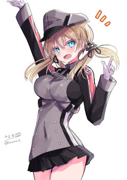 1girl absurdres anchor anchor_hair_ornament aqua_eyes black_skirt blonde_hair blush breasts cross gloves hair_between_eyes hair_ornament hat highres hizaka iron_cross jacket kantai_collection large_breasts long_hair looking_at_viewer low_twintails microskirt military military_hat military_uniform one-hour_drawing_challenge open_mouth peaked_cap prinz_eugen_(kancolle) signature skirt smile solo twintails twitter_username white_background white_gloves