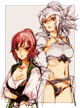 Rule 34 | 2girls, armor, belt, bikini armor, branch (blackrabbits), breasts, brown eyes, character request, cleavage, crossed arms, crossed belts, green vest, grey background, helmet, hip armor, large breasts, looking at viewer, medium breasts, medium hair, multiple girls, navel, partially colored, pauldrons, red hair, seiken densetsu, seiken densetsu 3, shirt, shoulder armor, simple background, sketch, straight hair, vest, white shirt