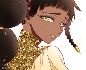 1girl afro_puffs black_hair close-up dark-skinned_female dark_skin desscaras earrings half-closed_eyes jewelry kayowacool007 looking_at_viewer madan_no_ichi open_mouth portrait simple_background twintails very_dark_skin white_background yellow_eyes