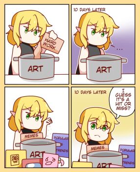 ... 1girl 4koma :< among_us artist_self-insert black_shirt blonde_hair bocchi_the_rock! comic commentary cooking_pot english_commentary english_text gotoh_hitori green_eyes meme mizuhashi_parsee neferkitty no_mouth pointy_ears red_(among_us) salt_bae_(meme) shirt short_hair spongebob_squarepants spongebob_squarepants_(series) touhou upper_body v-shaped_eyebrows